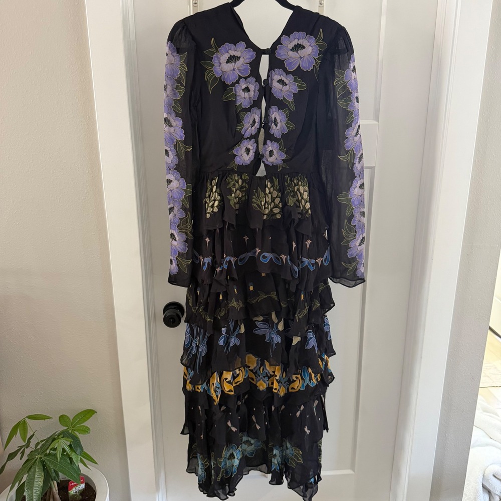 Farm Rio Black Winter Garden Ruffle Maxi Dress Long Sleeve Floral Print XS NWT